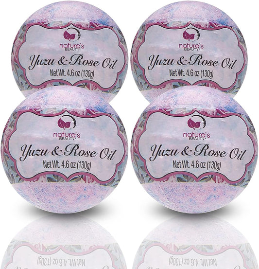 Nature's Beauty Yuzu & Rose Oil Bath Bomb Multi-Pack - Natural Hand Crafted, Non-Staining, Luxury Fizzy Spa Bomb, Nourish Dull + Dry Skin, Made w/Coconut Oil + Witch Hazel, 4.6 oz (4 Pack)