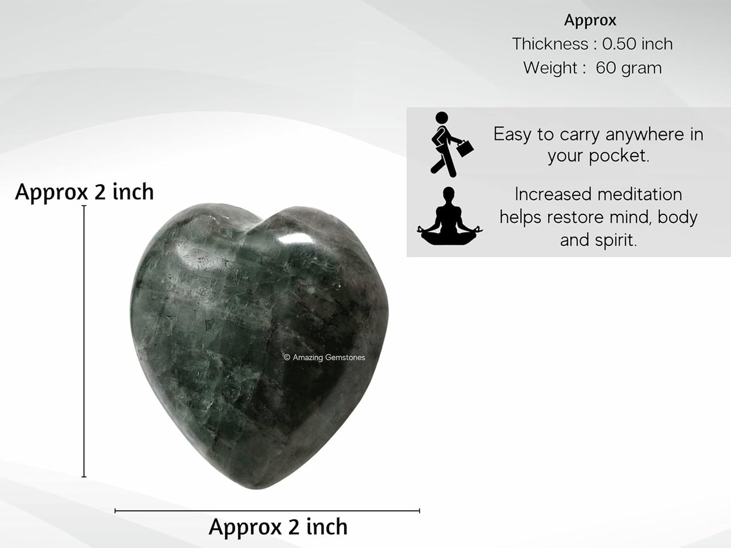 Chrome Diopside Crystal Heart Palm Stone - Pocket Massage Worry Stone for Natural Body Chakra Balancing, Reiki Healing and Crystal Grid