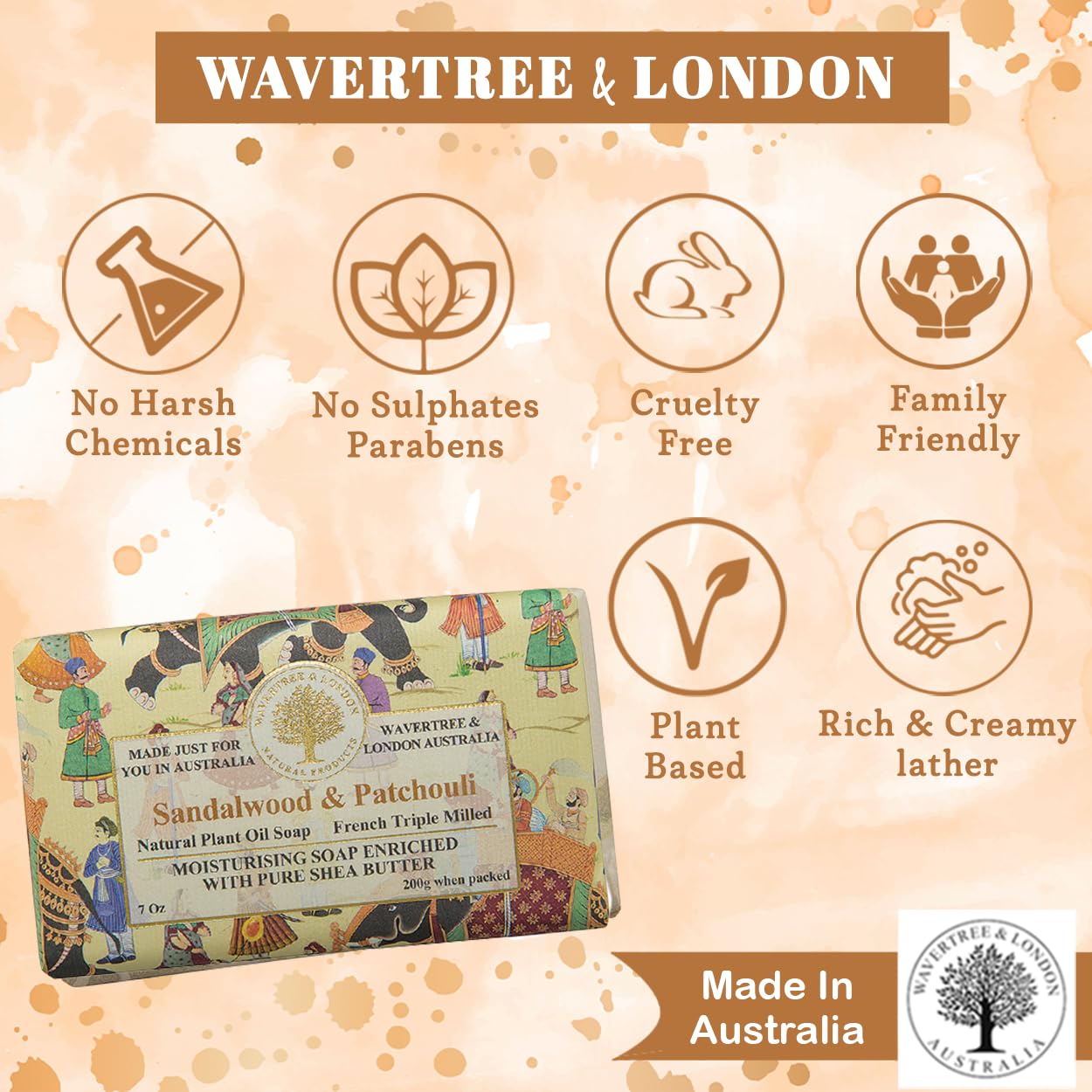Wavertree & London Sandalwood & Patchouli Scented Natural Soap Bars (Pack of 8), 7oz Moisturizing French Triple Milled Soap Bars enriched with shea butter, Plant Based Safe for All Skin Types