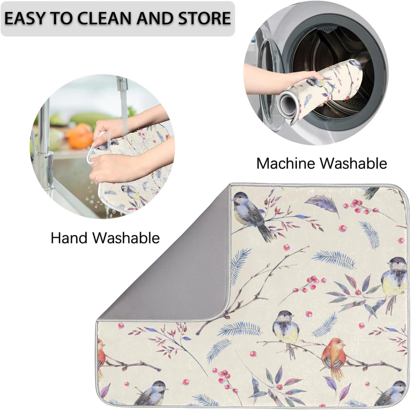 Hexteria Vintage Birds Dish Drying Mat Microfiber Kitchen Drying Mat Dish Drying Mats for Kitchen Counter Absorbent Quick Drying Pad 18x24 Inch