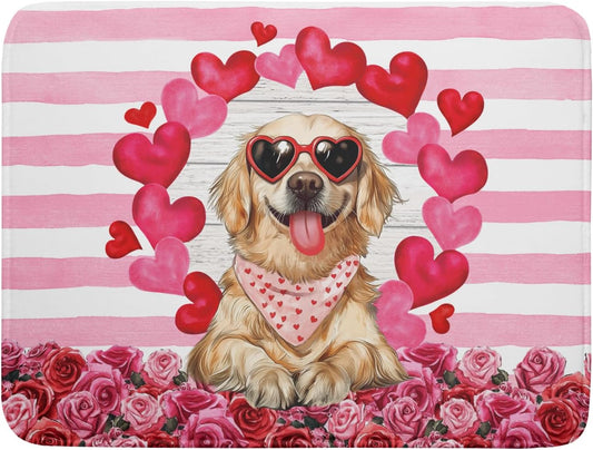 Valentine's Day Dog Dish Drying Mat for Kitchen Counter 18x24 inch Heart Rose Absorbent Dish Drainer Rack Mats for Coffee Bar Countertop