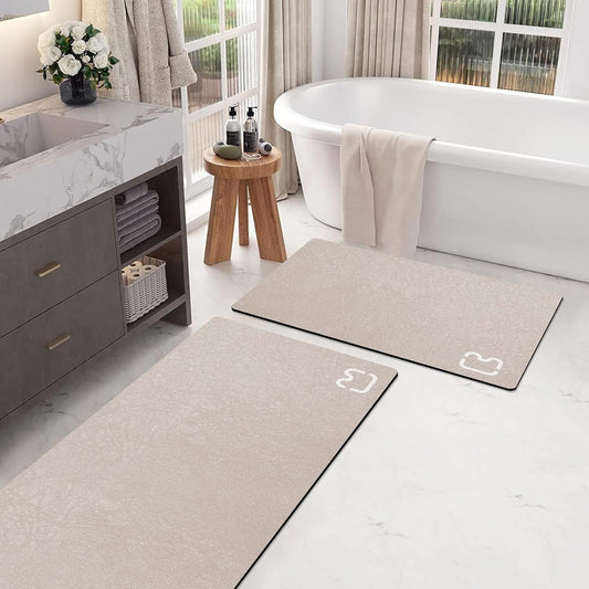 2 Piece Bathroom Rugs Mat Set - Quick Dry Diatomaceous Earth Bath Mat for Bathroom Non-Slip Bath Rug with Rubber Backing, Absorbent Bath Mats Thin Bath Floor Mat, 15.7x23.6+15.7x47.2 Inch, Taupe