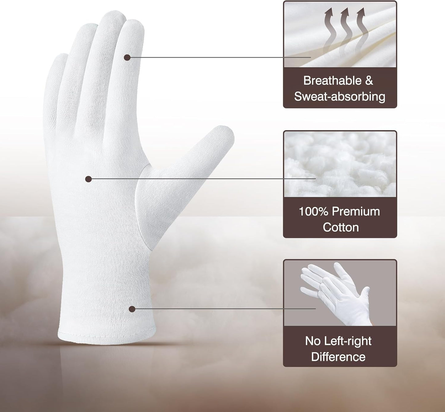 COOLJOB 6 Pairs 100% Cotton Gloves for Dry Hands Moisturizing & Eczema, Overnight Lotion, Sleep & Spa Treatment for Women & Men, Breathable Work Glove Liners, White, X-Small