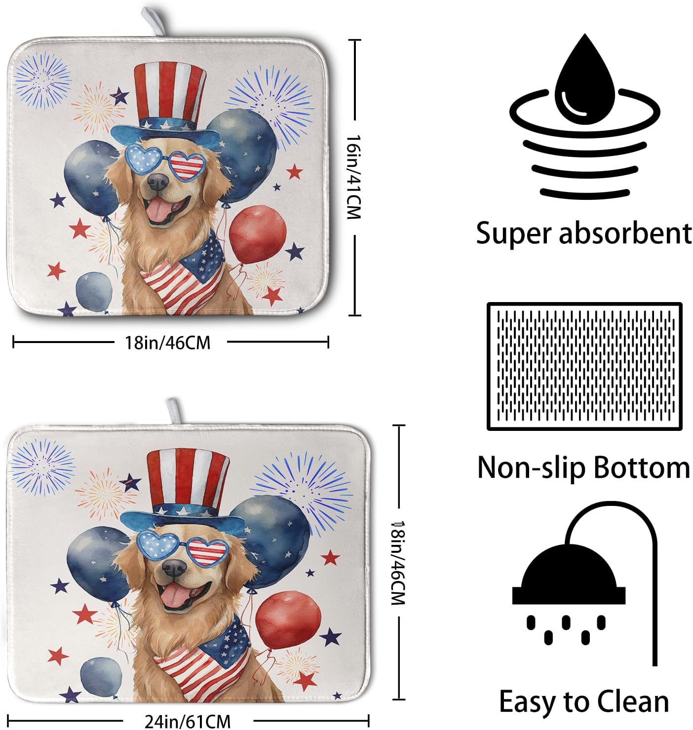 4th of July Patriotic Dog Dish Drying Mat 16 x 18 Inch US Independence Day Blue White Red Kitchen Drying Mat Firework Holiday Dish Drainer Mats Super Absorbent Dish Rack Pad for Kitchen Counter