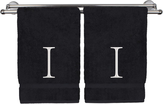 Monogrammed Hand Towel, Personalized Initial Gift, Extra Absorbent 100% Turkish Cotton - Soft Terry Finish - Set of 2 - White Block Initial I - Embroidered on Black Towels