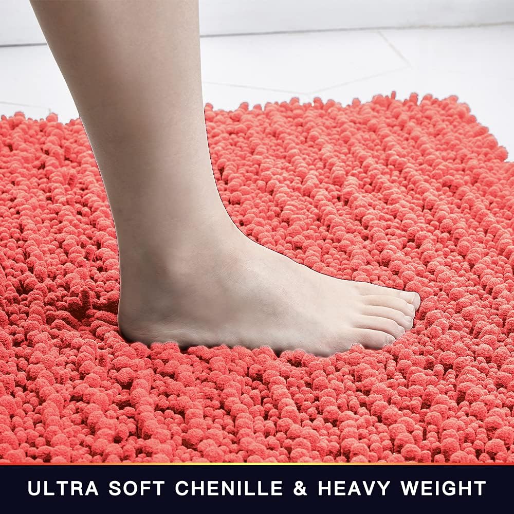 Walensee Bathroom Rug 2 Pieces Set Non Slip Bath Mat (17x24 Plus 20x32 Inch Living Coral) Water Absorbent Super Soft Shaggy Chenille Machine Washable Dry Extra Thick Perfect Carpet for Shower Floor