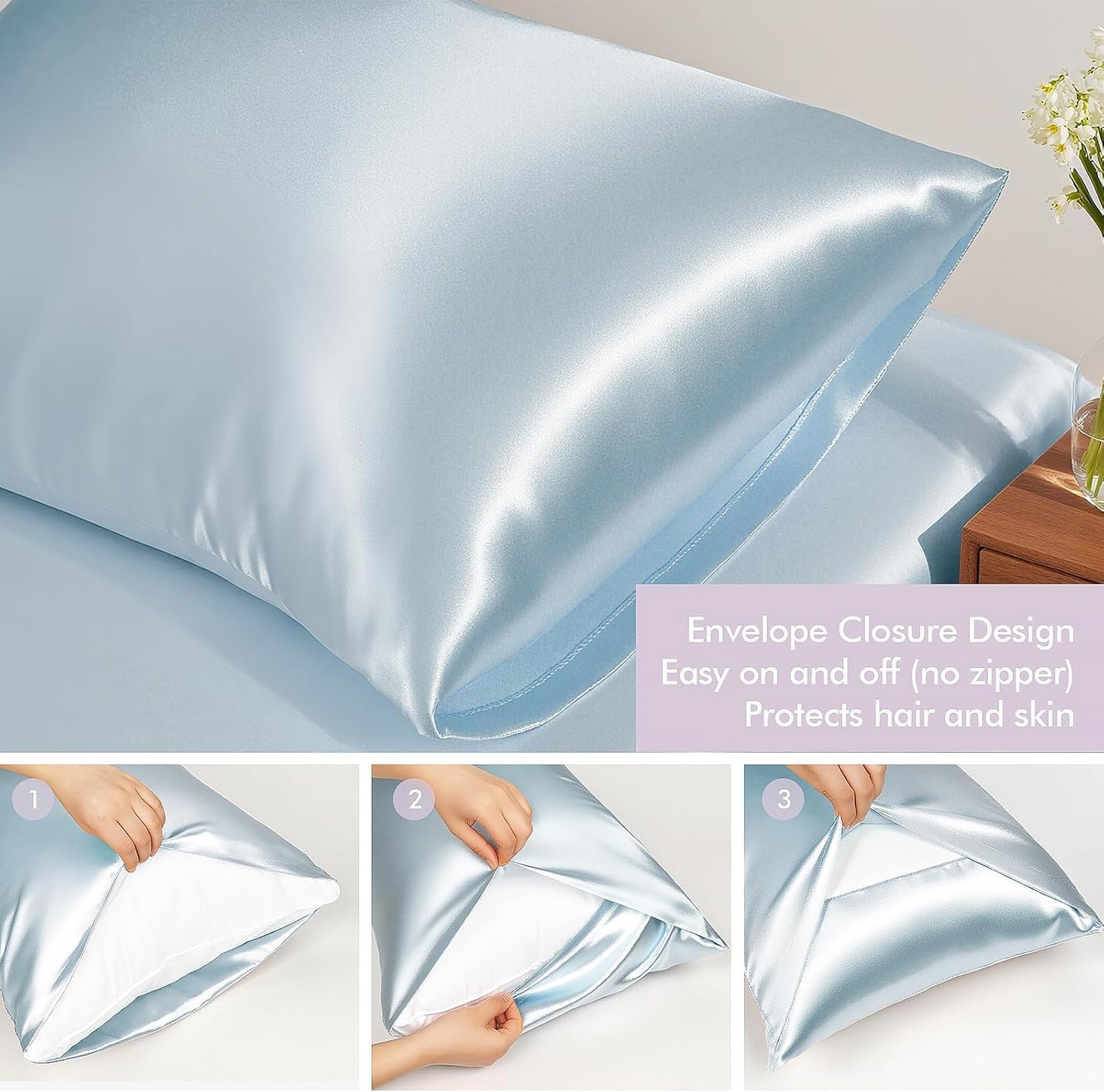 Vegan Silk Sleep Set, Vegan Silk Pillowcase with Large Scrunchie and Eye Mask for Hair and Skin, Self Care Essential Satin Night Routine Kit (Light Blue Color)