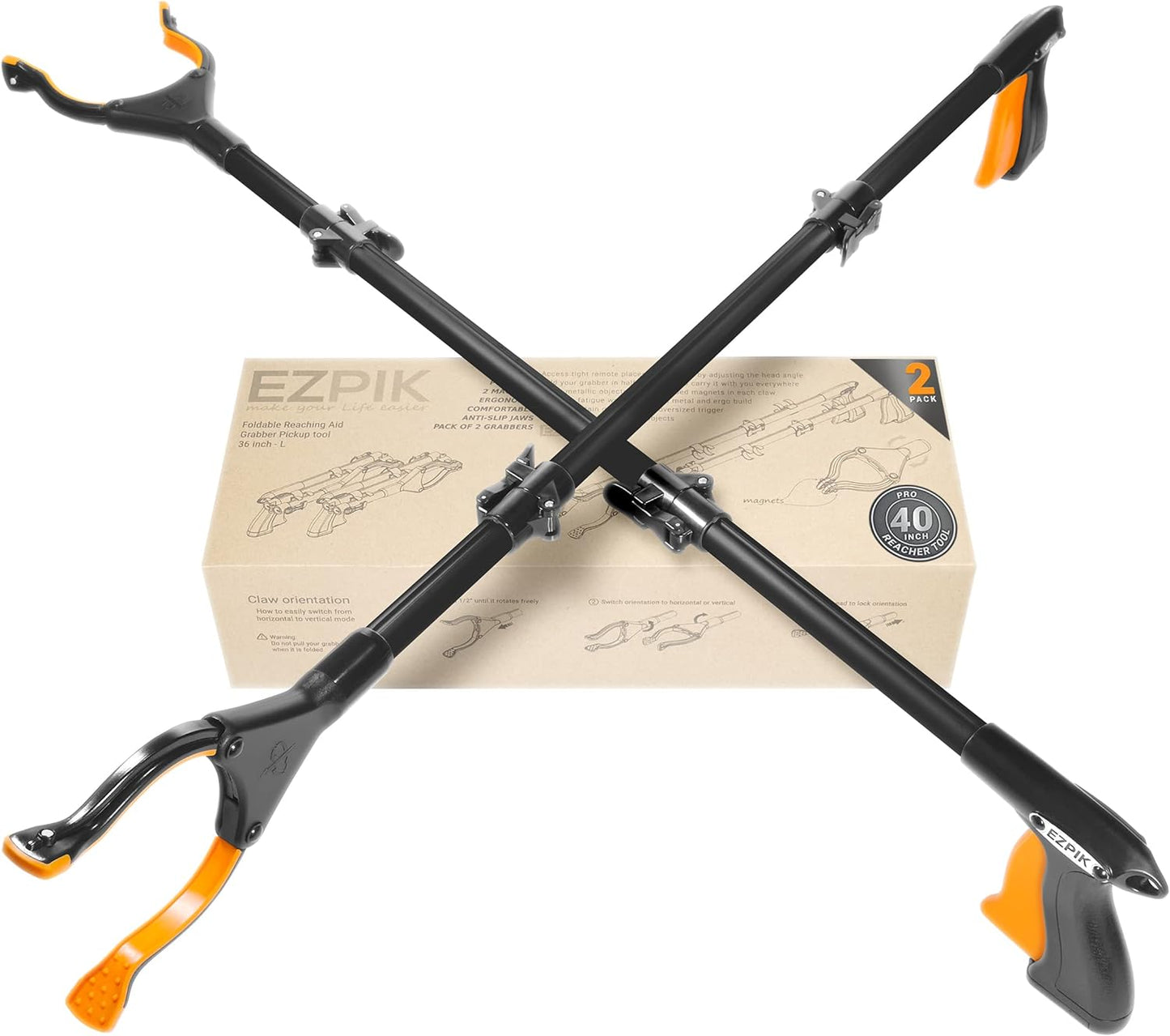 EZPIK 40" long extended grabber reacher tool for elderly - trash hand grabber pickup sticks for seniors - telescoping extension grabber claw pickup tool - hand extension magnetic folding grabber 2pack