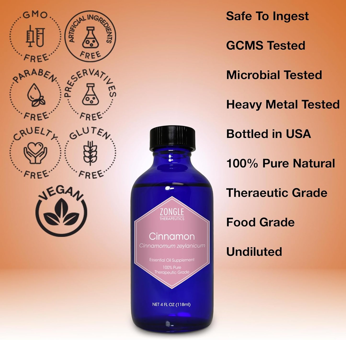Cinnamon Essential Oil, Food Grade, for Candy, Cooking, Baking – 100% Pure, Edible, Cinnamon, Leaf, Oil, by Zongle Therapeutics, 4 OZ