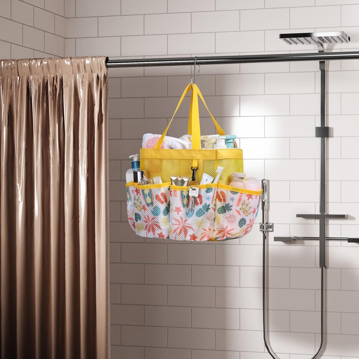 F-color Shower Caddy Portable - Mesh Shower Bag Basket Tote for College Dorm Room Essentials Bathroom Gym Camp Quick Dry for Women Men with S Hook, Yellow Beach