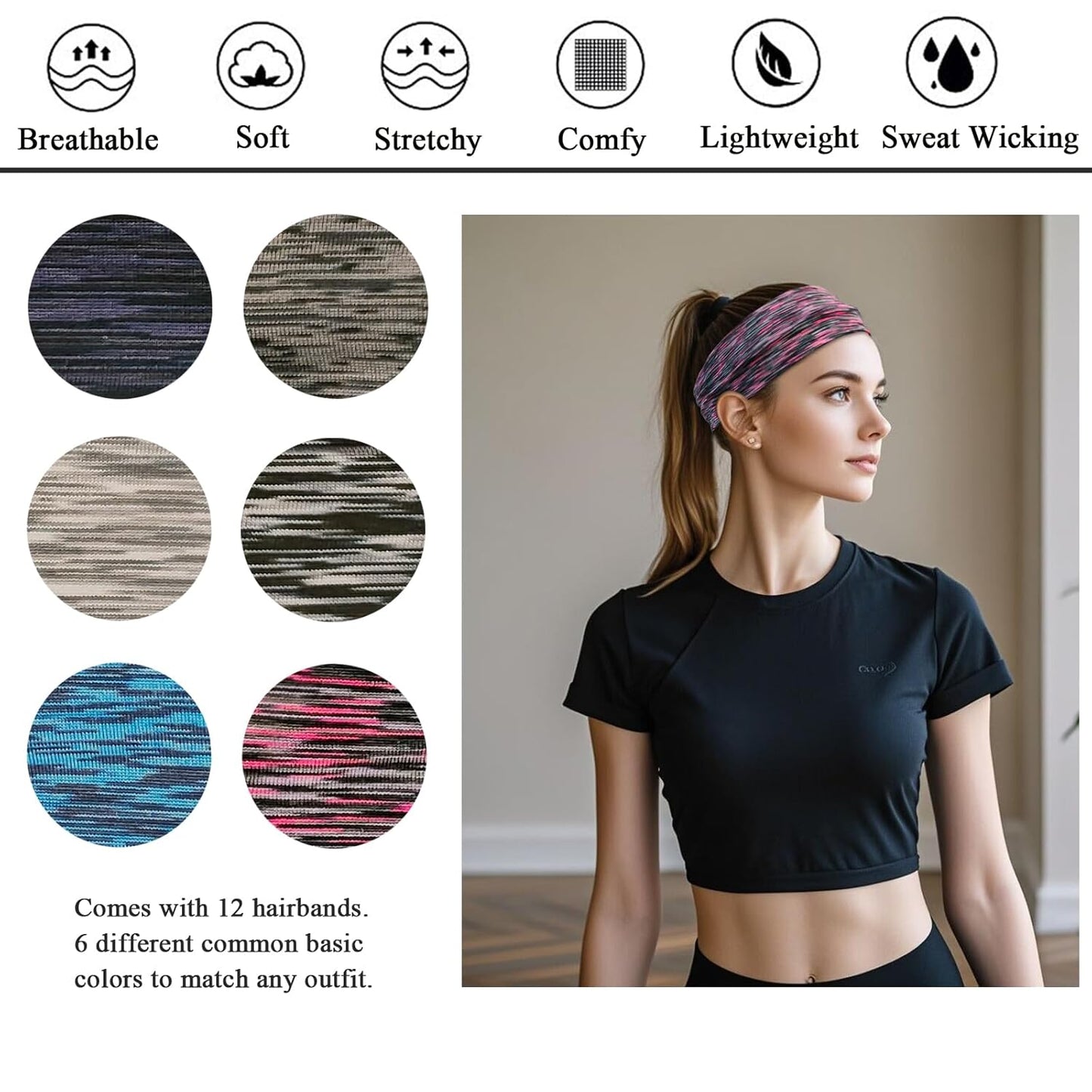 Headbands For Women 12 Pack Headband Yoga Elastic Head Bands Women's Hair Band Workout Soft Sweat Hairbands Accessories