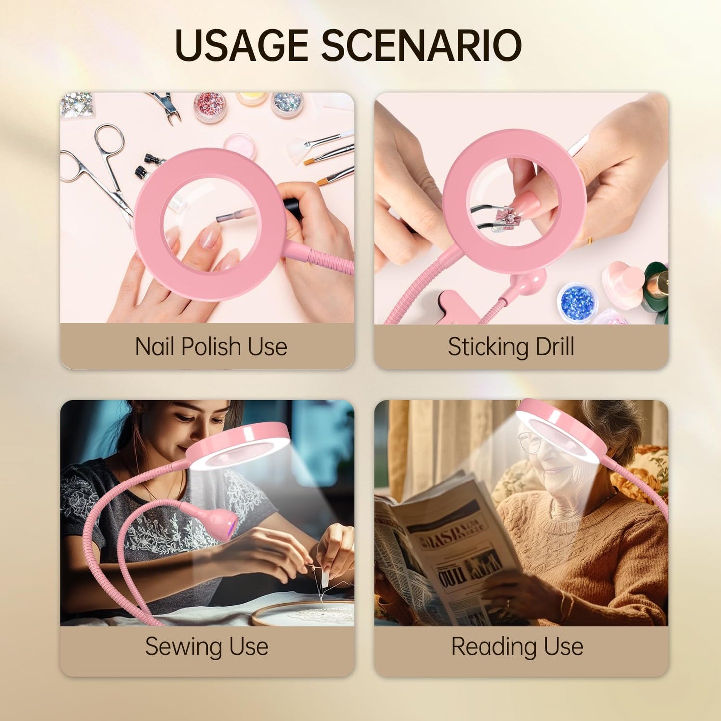 AORAEM LED UV Nail Lamp: Double-Headed Gooseneck U V Lamp for Gel Nails, LED Flash Cure Light with 6X Magnifier Home DIY Salon, Pink