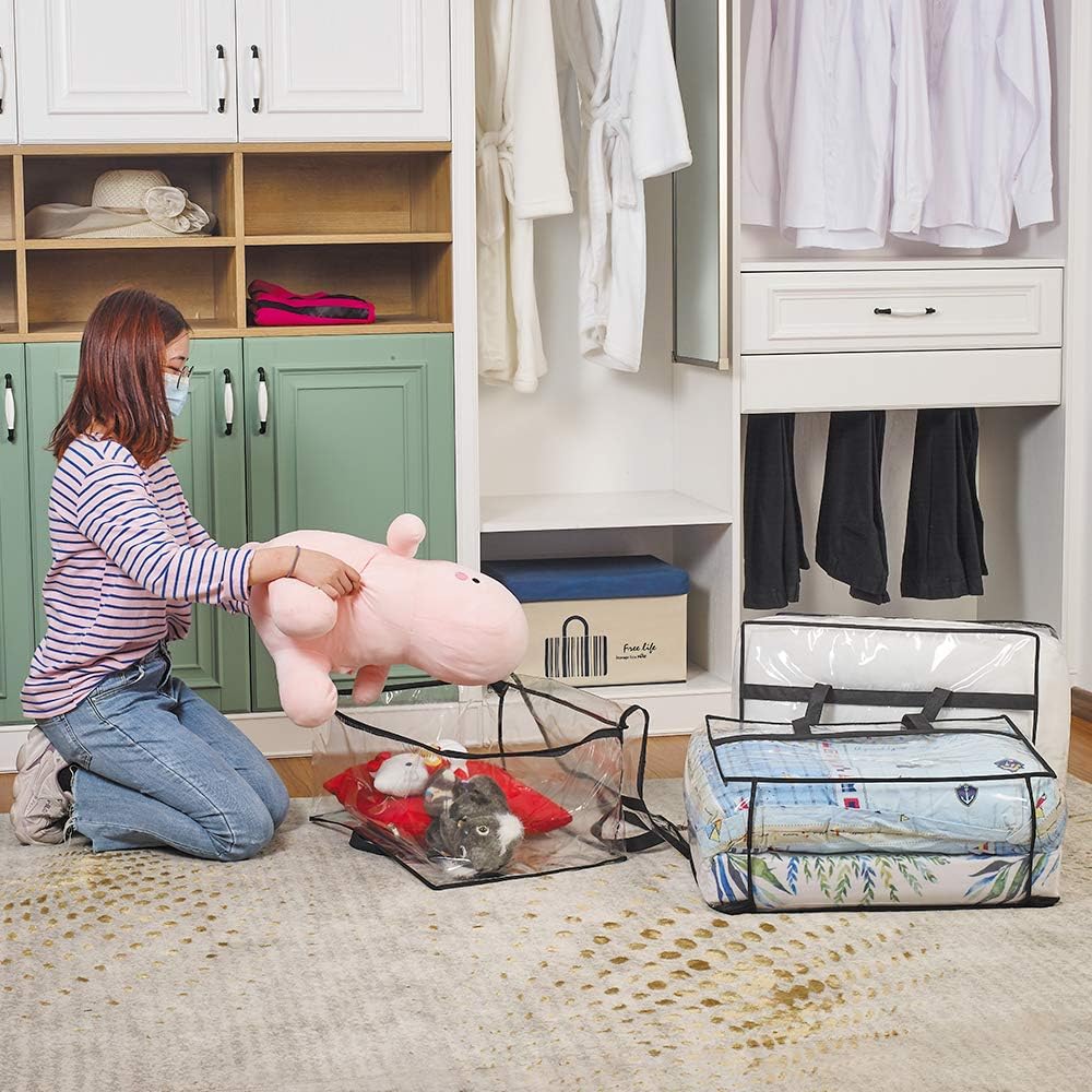 Clear Clothes Storage Bag Organizer with Reinforced Handle, Vinyl Storage Bags for Comforter, Blanket, Bedding, Toys, Transparent Moving Totes with Sturdy Dual Zippers, 3 Pack, 55 L, Black