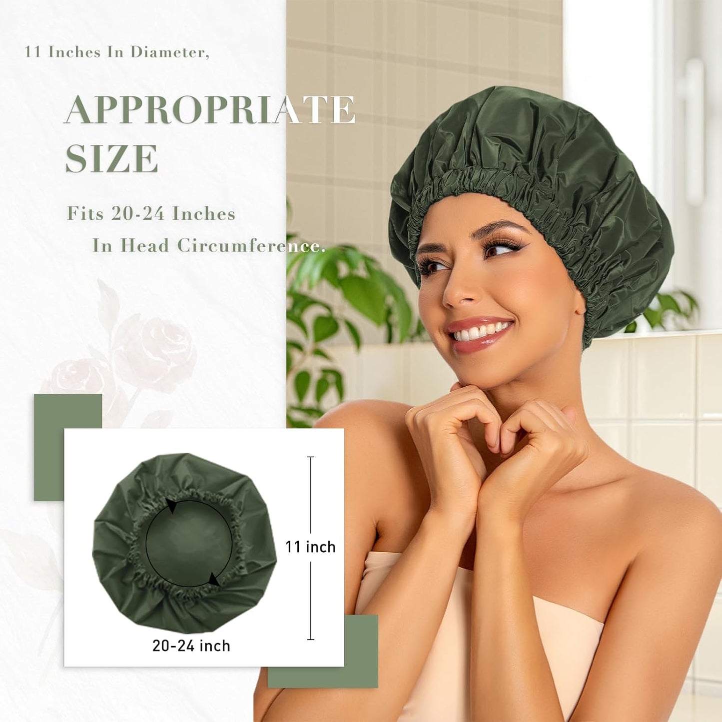 Reusable Shower Cap for Women, Large Waterproof Shower Bonnet Washable Elastic Band Bath Accessories Hair Hat for Long Hair, Braids(Black&Green)