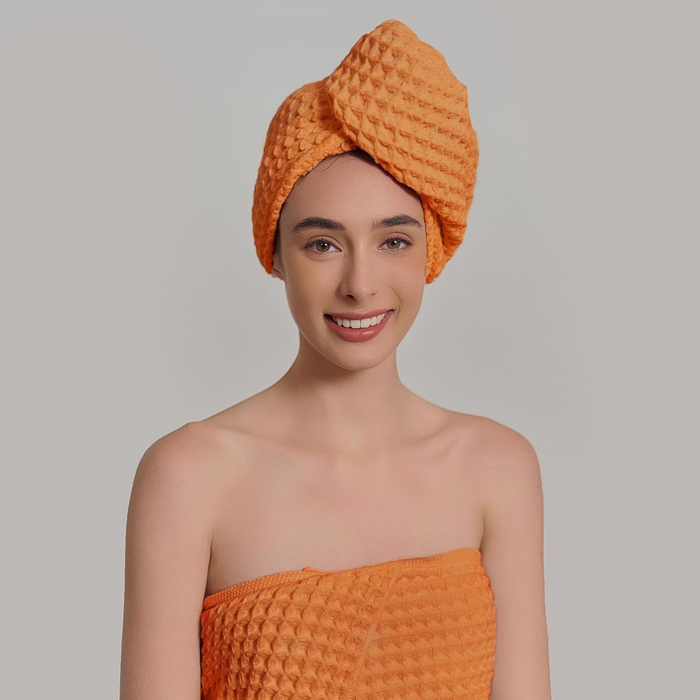 Hair Towel | 100% Cotton Silk Hair-Drying Waffle Wrap Turban for Women, Ultra-Absorbent, Anti Frizz, Hair Damage Protection for Straight and Curly Hair (Coral Orange, 1 Pack)