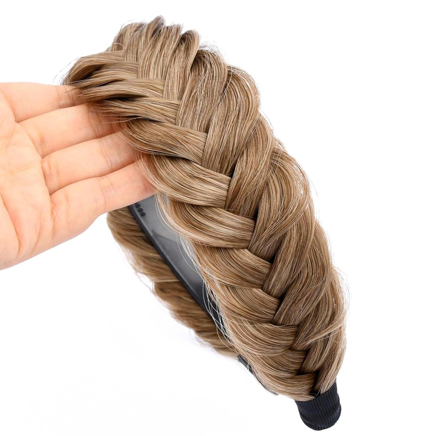 DIGUAN Wide Messy Braided Headband With Teeth Synthetic Hair Plaited Headband High Elasticity Braids Chunky Fishtail Braided Hair Band Hairpiece for Girls Women Beauty Accessory (Dirty Blonde)