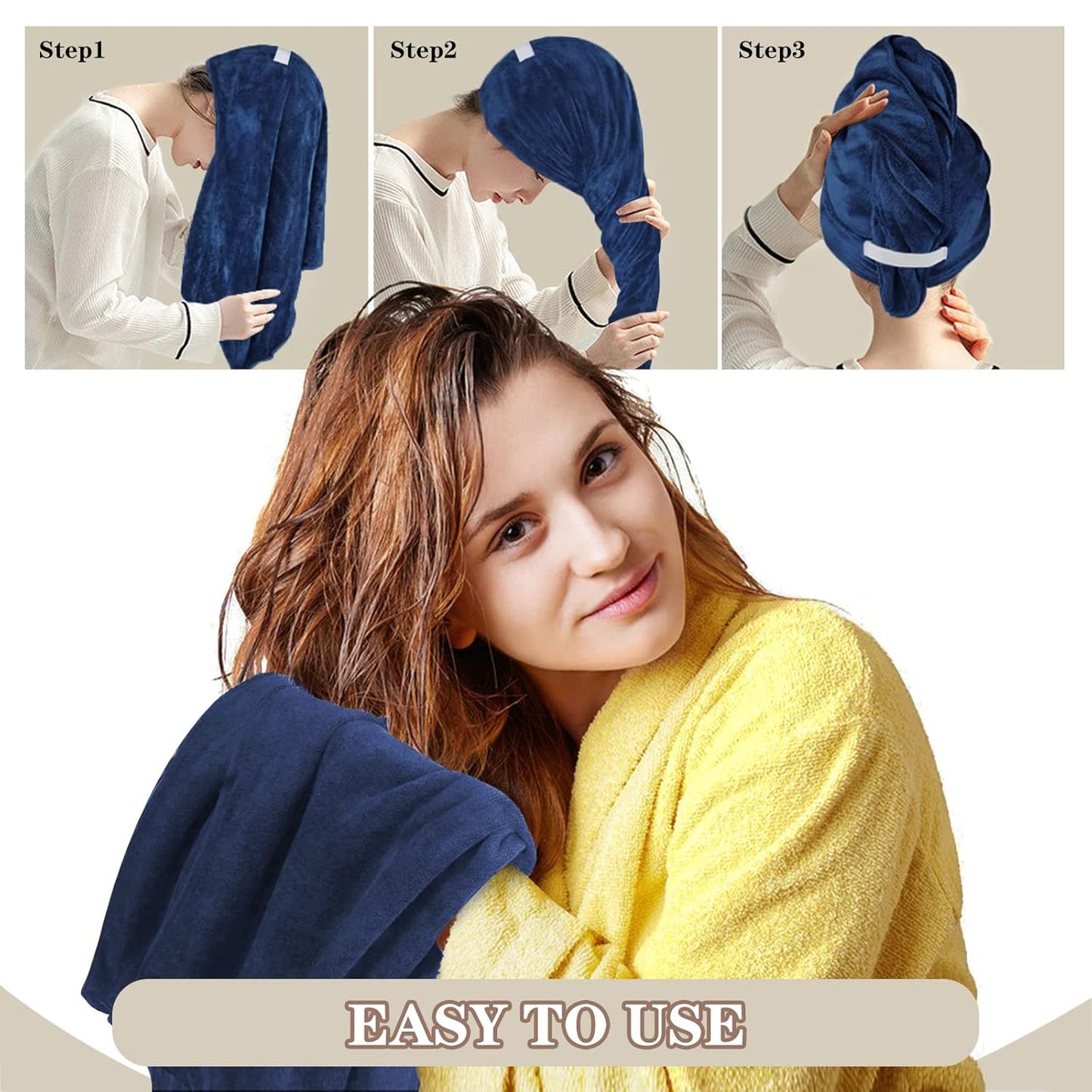 SUNLAND Microfiber Hair Towels Anti Frizz Hair Drying Towel Super Absorbent Fast Drying Turbans for Wet Curly Hair Soft Hair Towel Wrap with Elastic Band for All Hair Types 40 X 20 inches Navy Blue