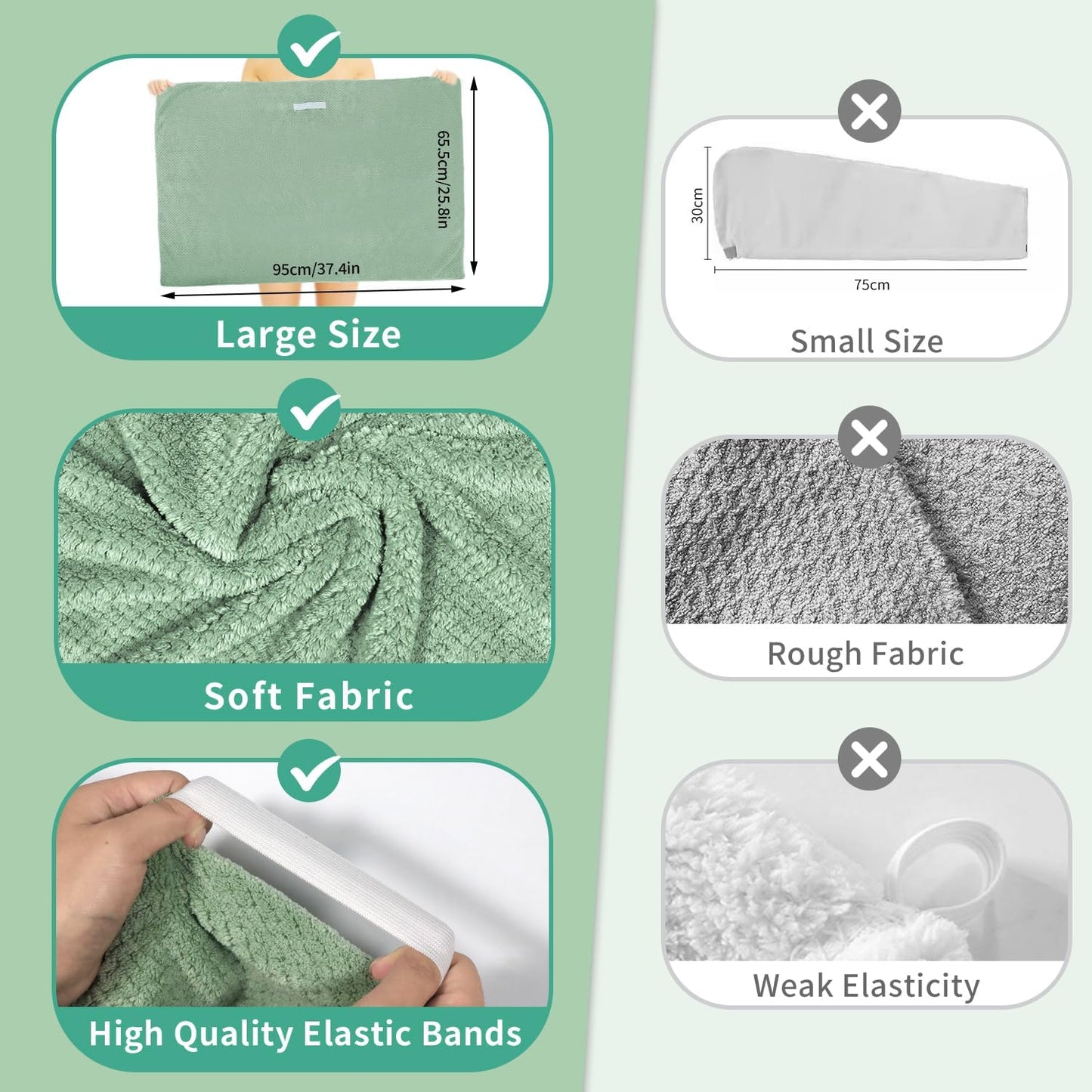 2 Pack Extra Large Microfiber Hair Towel Wrap, 37.4" x 26.4" for Women, Super Absorbent & Quick Dry Hair Towel with Elastic Strap for Curly Hair Green