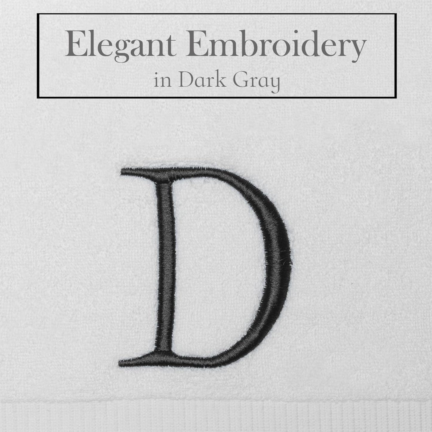 Dark Gray Luxury Hand Towel for Bathroom - Monogrammed Initial Hotel Quality Decorative Embroidered Towel for Powder Room, Spa - GOTS Organic Certified - Pack of 2, Letter D