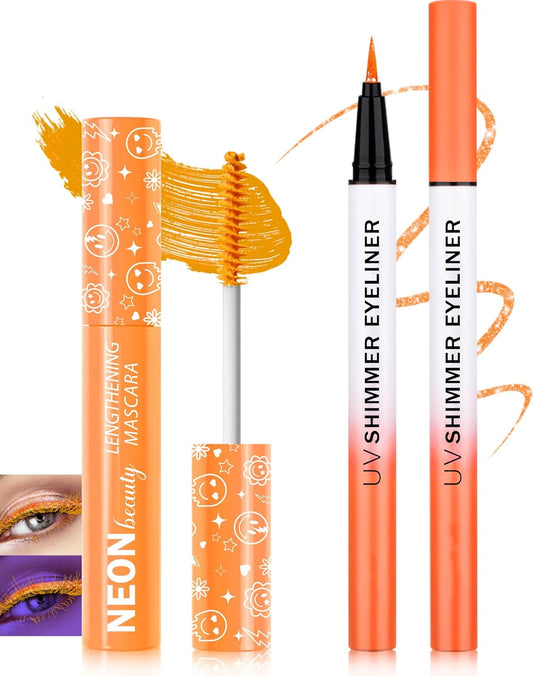 UV Neon Orange Mascara & Eyeliner Set, Waterproof Volumizing Colored Mascara Volume and Length for Lashes Lengthening, Long Lasting Glitter Liquid Eyeliner Pencil, Halloween Glow in the Dark Makeup-04