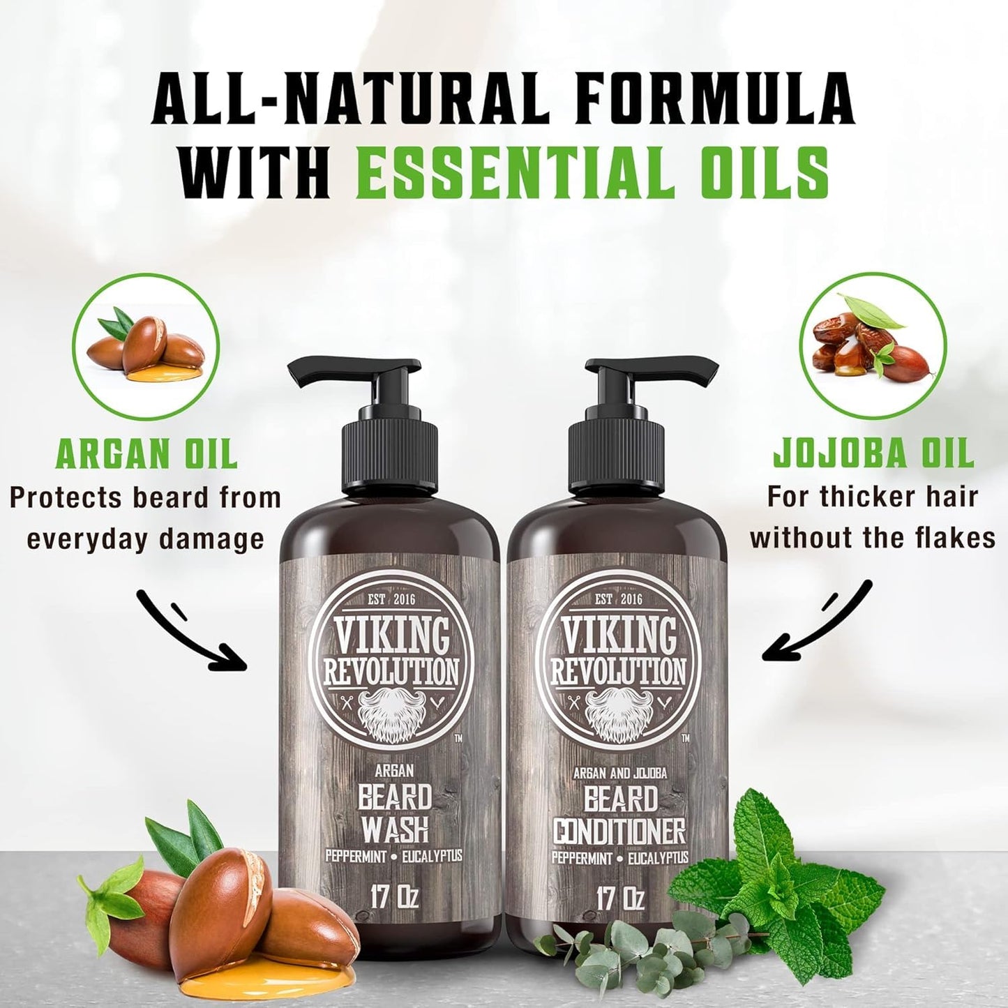 Viking Revolution Beard Wash & Conditioner Set w/Argan & Jojoba Oils – Softens, Smooths & Strengthens Beard Growth - Natural Peppermint and Eucalyptus Scent - Shampoo (17 oz)