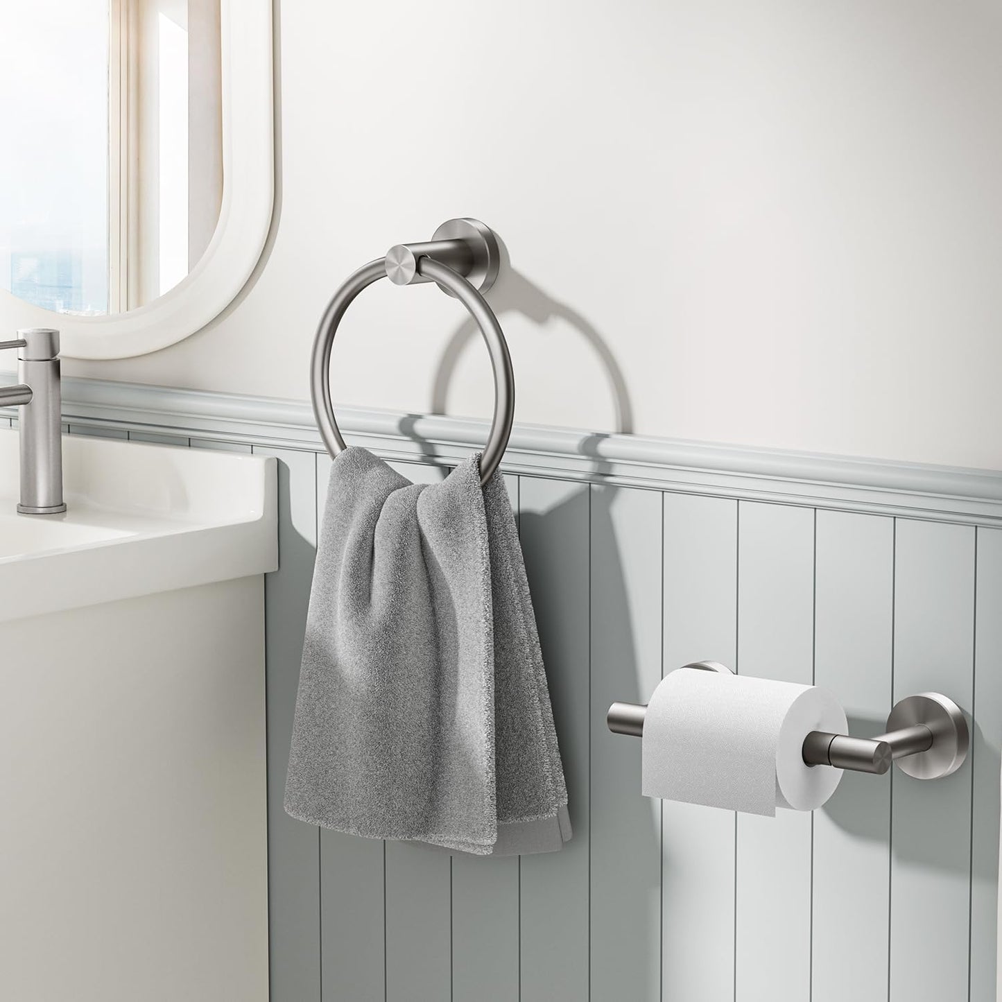 FORIOUS Toilet Paper Holder Wall Mount, SUS304 Stainless Steel Double Post Pivoting Tissue Roll Holder and Hand Towel Ring Set for Bathroom, RV, Bathroom Hardware Accessories Set, Brushed Nickel