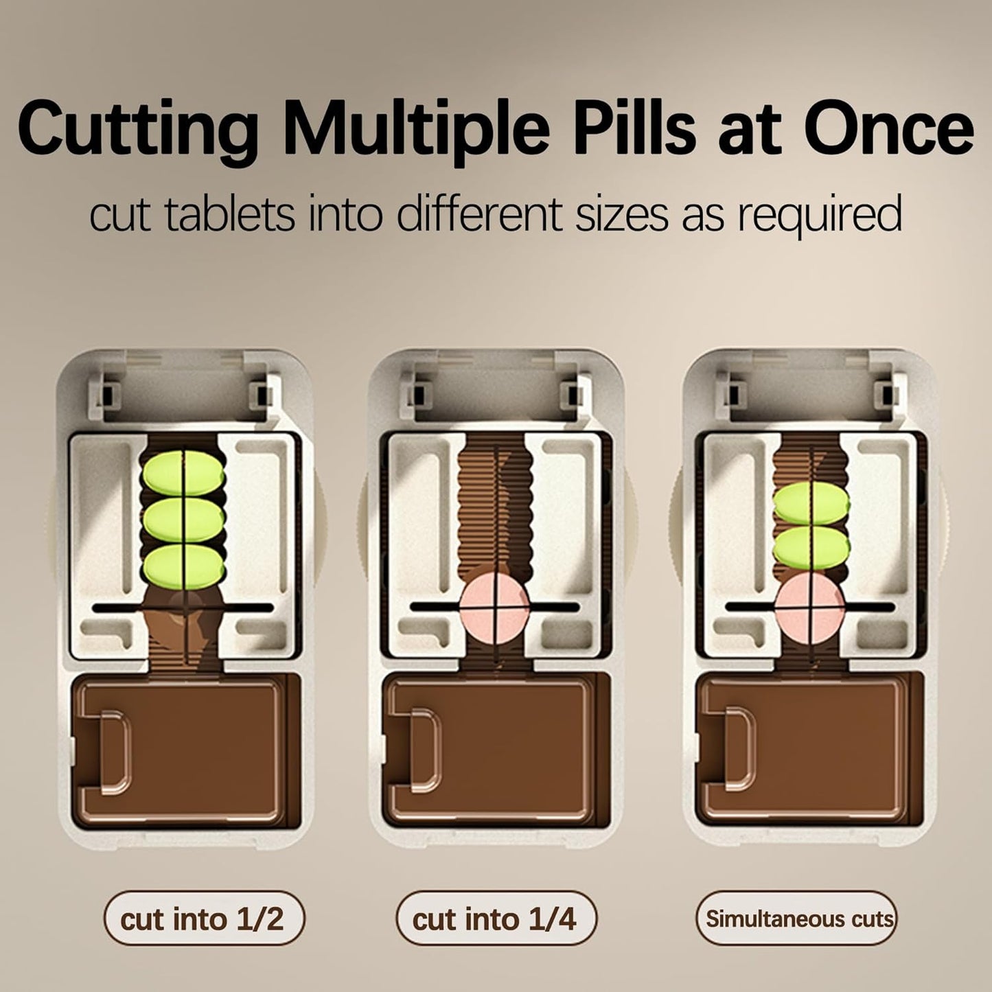 Pill Cutter Splitter for Small and Tiny Pills, 1/2 1/4 Pill Cutter for Small or Large Pills, Pill Splitter for Multiple Pills at a Time with Centering Device and Stainless Steel Blade (Brown)