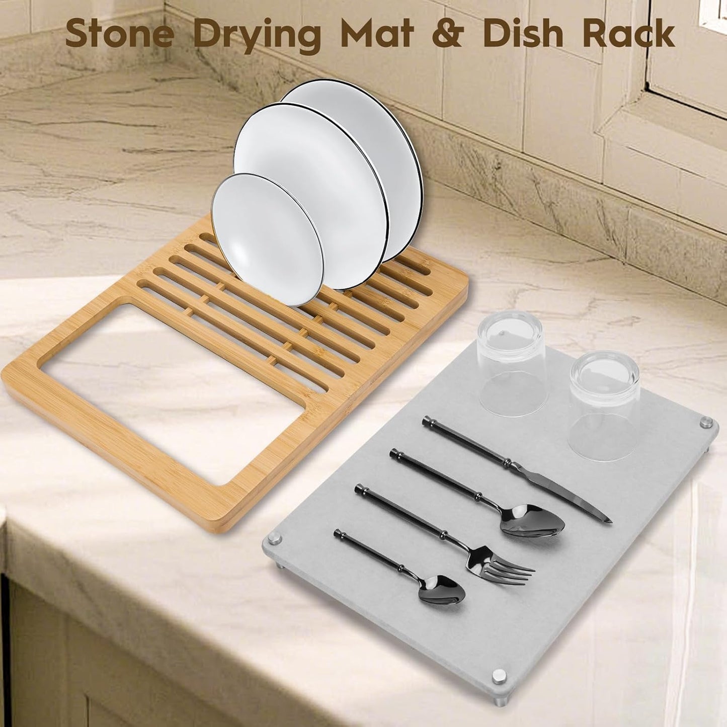 Stone Dish Drying Mats for Kitchen Counter,Dirt-Resistant Quick Dry Absorbent Diatomaceous Earth Dish Drying Mat with Bamboo Rack,Non-Slip Pads & Anti-Moisture Design