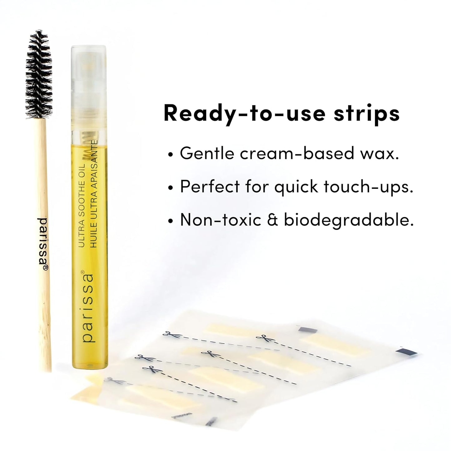 Parissa Eyebrow Wax Strips | Biodegradable & Fragrance-Free | Ready-to-Use Hair Removal Kit for At-Home Brow Waxing, Gentle on Sensitive Skin with Post-Wax Ultra Soothe Oil | 32 Strips (16 x 2)