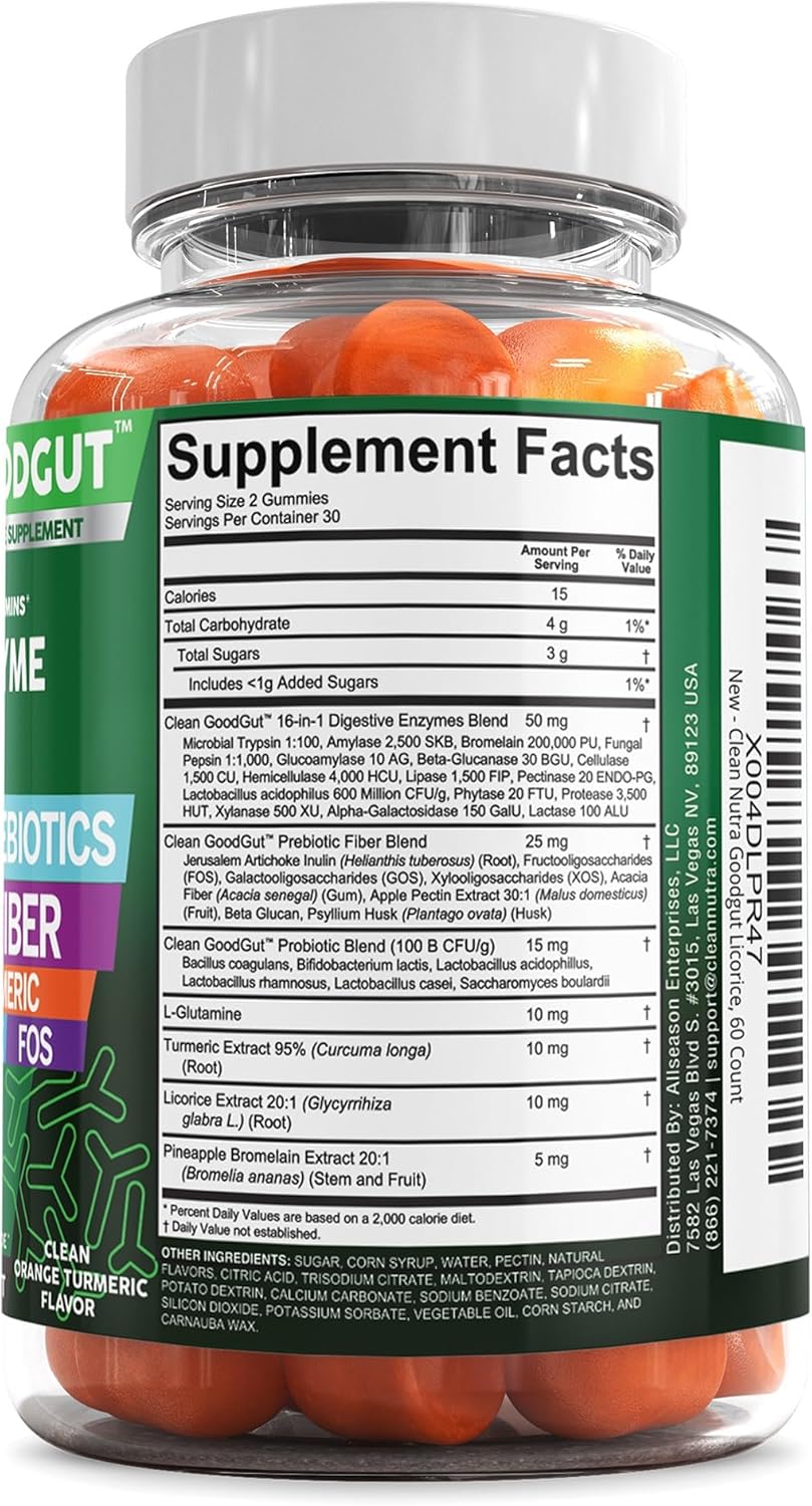 Digestive Enzymes with Probiotics and Prebiotics For Digestive Health Gummies + L-Glutamine For Gut Health Bromelain Turmeric Licorice Fiber Apple Pectin Inulin FOS Plant Pased Vegan Gummy Vitamins