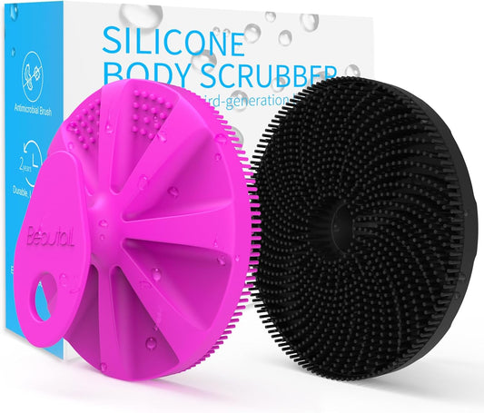 Silicone Body Scrubber 2 Pack, Gentle Bristles Shower Bath Brush, Lather Nicely, Soft Massage Body, More Hygienic Than Loofah, Gentle Exfoliating for Sensitive Skin, Purple+Black