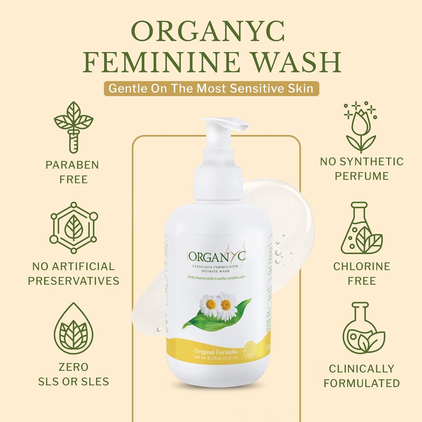 Organyc - Feminine Intimate Wash for Sensitive Skin - Free from Chlorine, Parabens, SLSSLES, and Synthetic Perfumes - 8.5 Fl Oz with Chamomile (2 Pack)