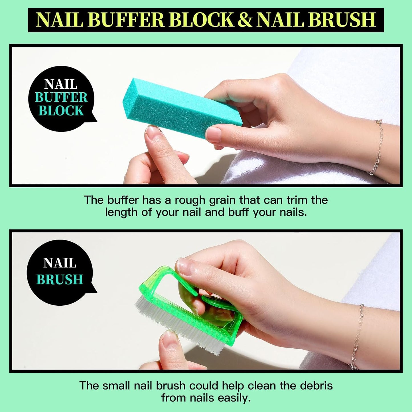 FANDAMEI Nail Tools, Nail Care Kit, Nail Files 100/180, Nail Buffer Block, Cuticle Nippers, Cuticle Pusher, Cuticle Peeler, Nail Lifter for Ingrown Toenails, Toenail File, Manicure Kit, Green