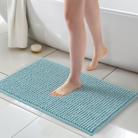 FRESHMINT Thick Chunky Chenille Bathroom Rug, 20"x32", Non Slip Bath Mat, Soft Bathroom Decor, Cute Shower Mat, Water Absorbent, Washable, Aqua Blue