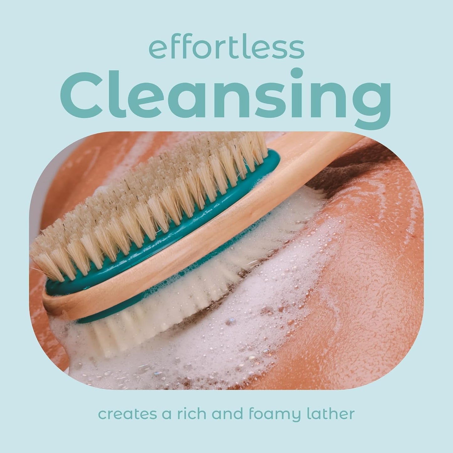 MainBasics Back Scrubber for Shower – Long Handle Dual-Sided Brush for Body Wash & Scrubbing with Exfoliating & Soft Bristles (Teal, Wood)