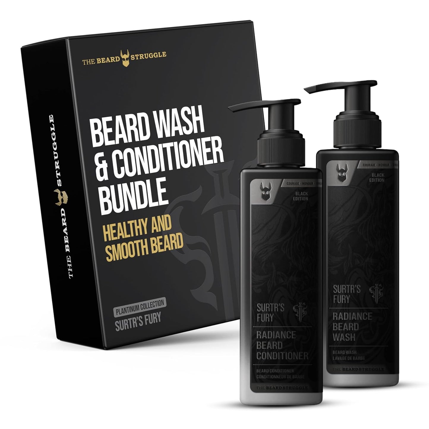 The Beard Struggle - Radiance Beard Wash & Conditioner Bundle for Men - Platinum Collection - Pack of 2, Surtr's Fury - Nourish, Cleanse, Softens, & Strengthens Beard