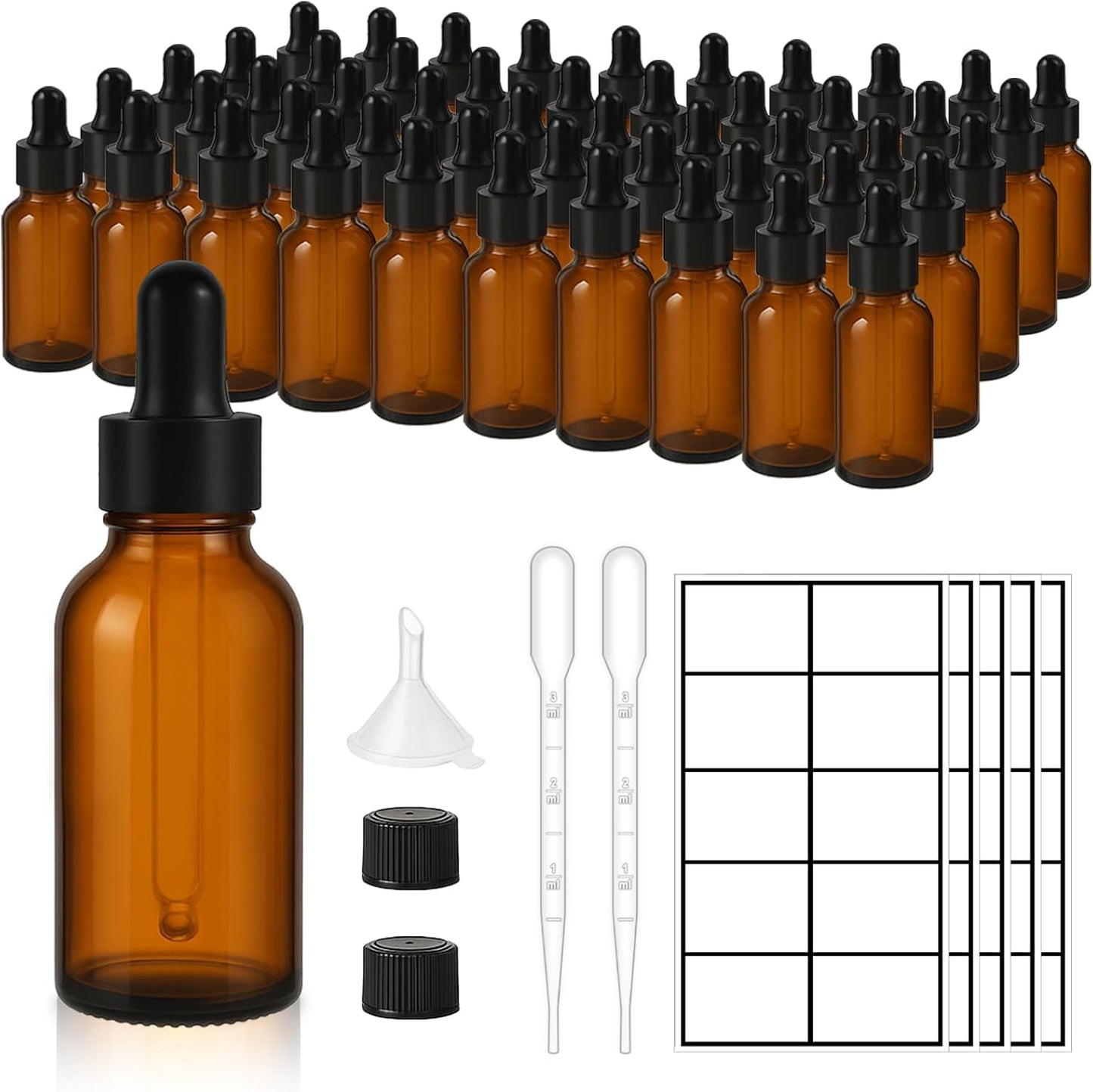 50 Pack 1oz Amber Glass Dropper Bottles Leakproof with Funnels, Eye Droppers, Extra Caps, Labels - Refillable UV 30ml Empty Bottles for Tinctures, Essential Oils, Perfume, Beard, Hair Oil