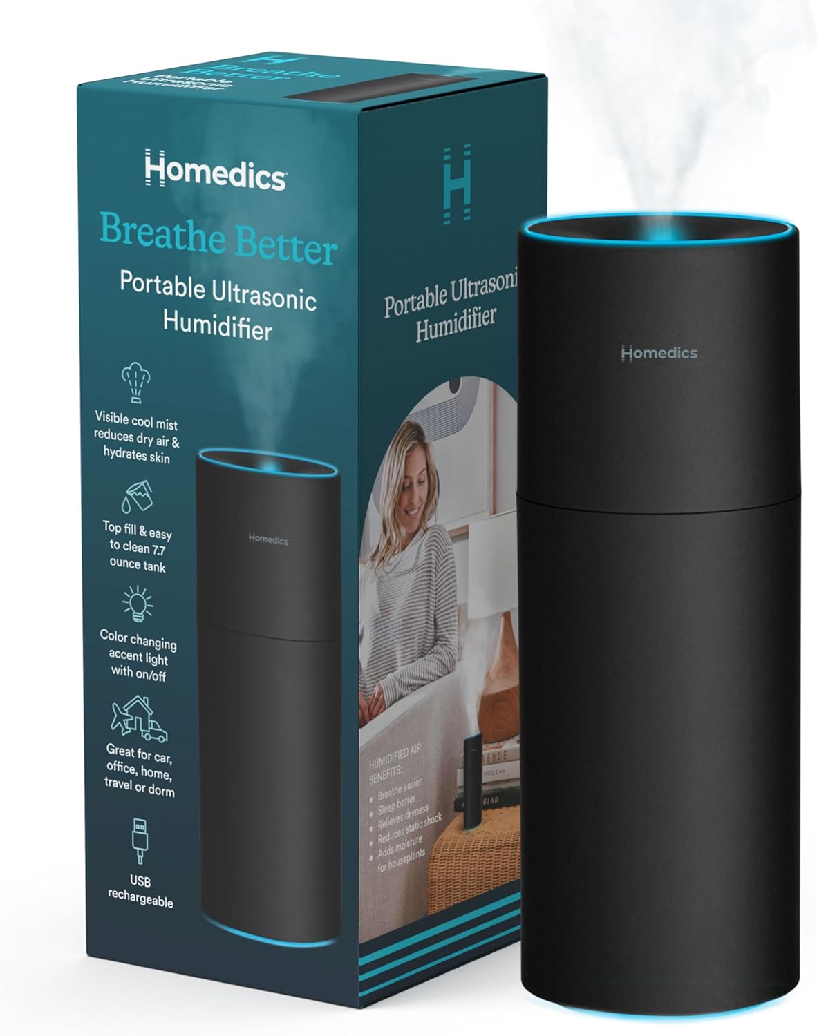 Homedics Portable Humidifier - Small Air Humidifiers for Bedroom, Plants, Office, Travel - Cool Mist Humidifiers, Color-Changing Accent Light, 2 Mist Settings, Black