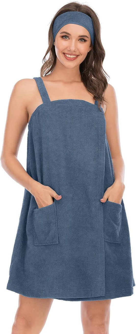 Veseacky Women Bath Wrap Towel for Womens Shower with Pocket Adjustable Spa Robe & Facial Headband