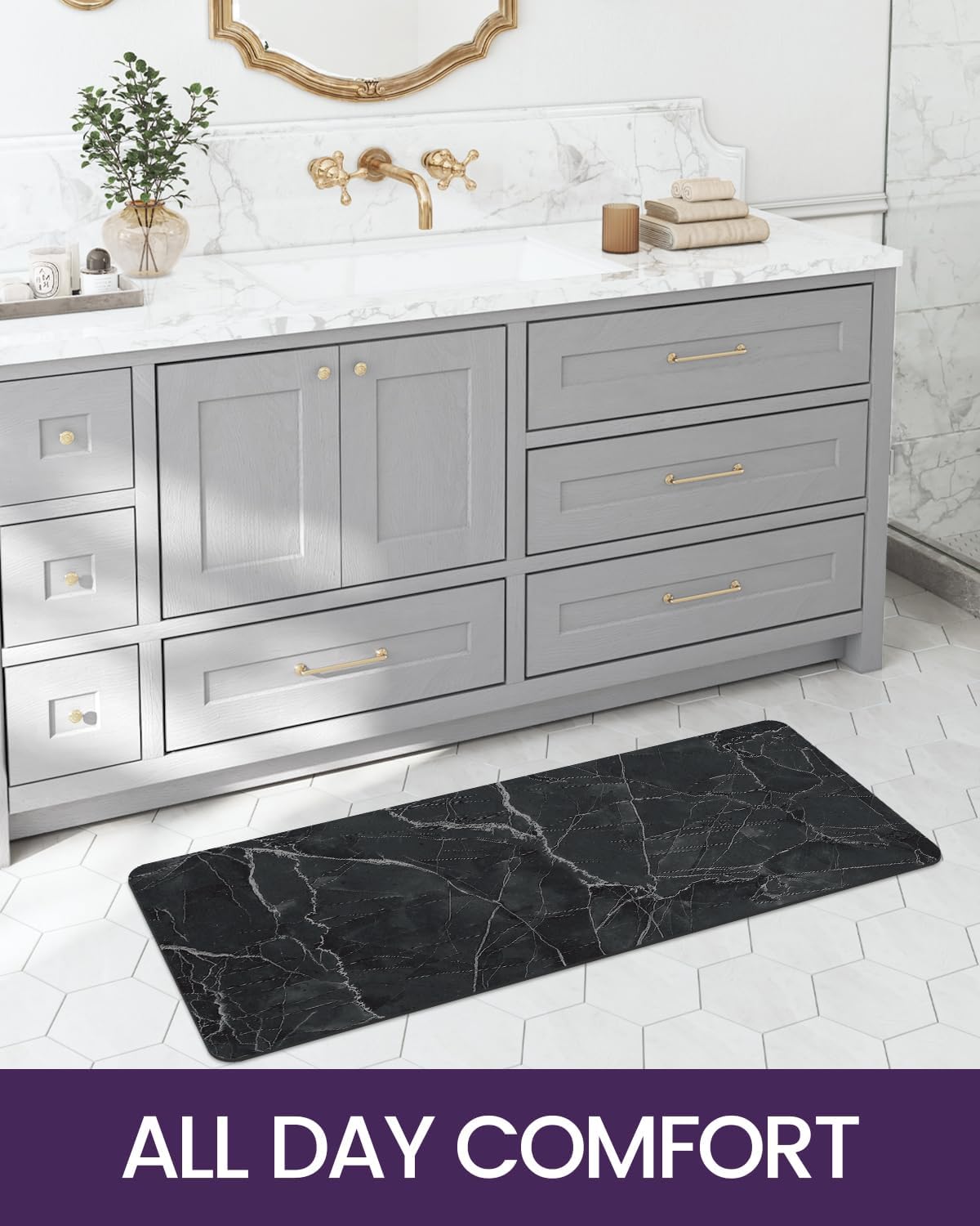 DEXI Bath Mat 17x32, Non Slip Quick Dry Rugs, Super Absorbent Ultra Thin Marble Bathmat, Washable Rubber Mats for Shower Floor, in Front of Bathtub, Sink, Bathroom Accessories Decor, Black