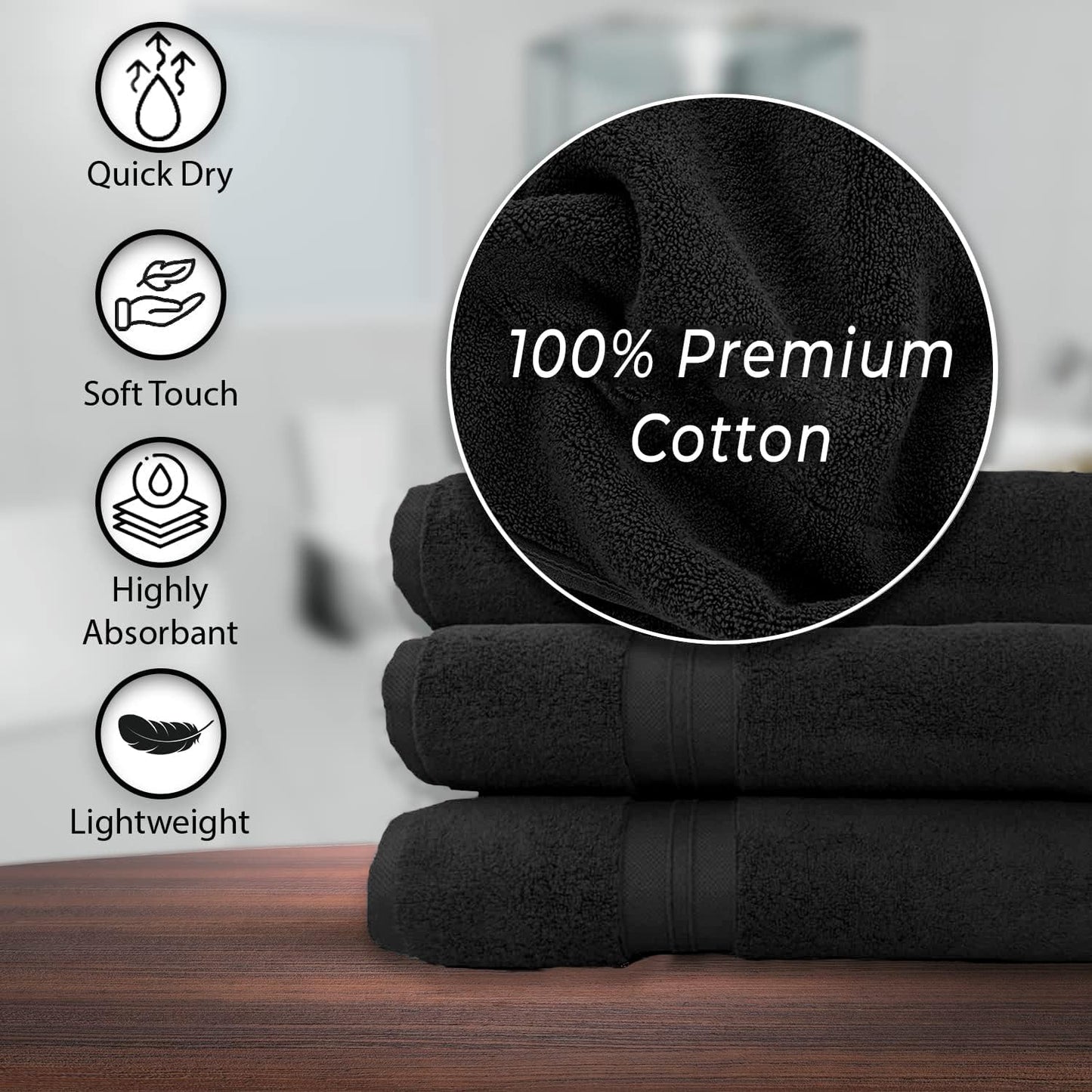 100% Cotton Bath Towels, 24x48 Pack of 6 Towels, Quick Dry, Highly Absorbent, Soft Feel Towel, Gym, Spa, Bathroom, Shower, Pool, Luxury Soft Towels (Black, 24x48-6 Pack)
