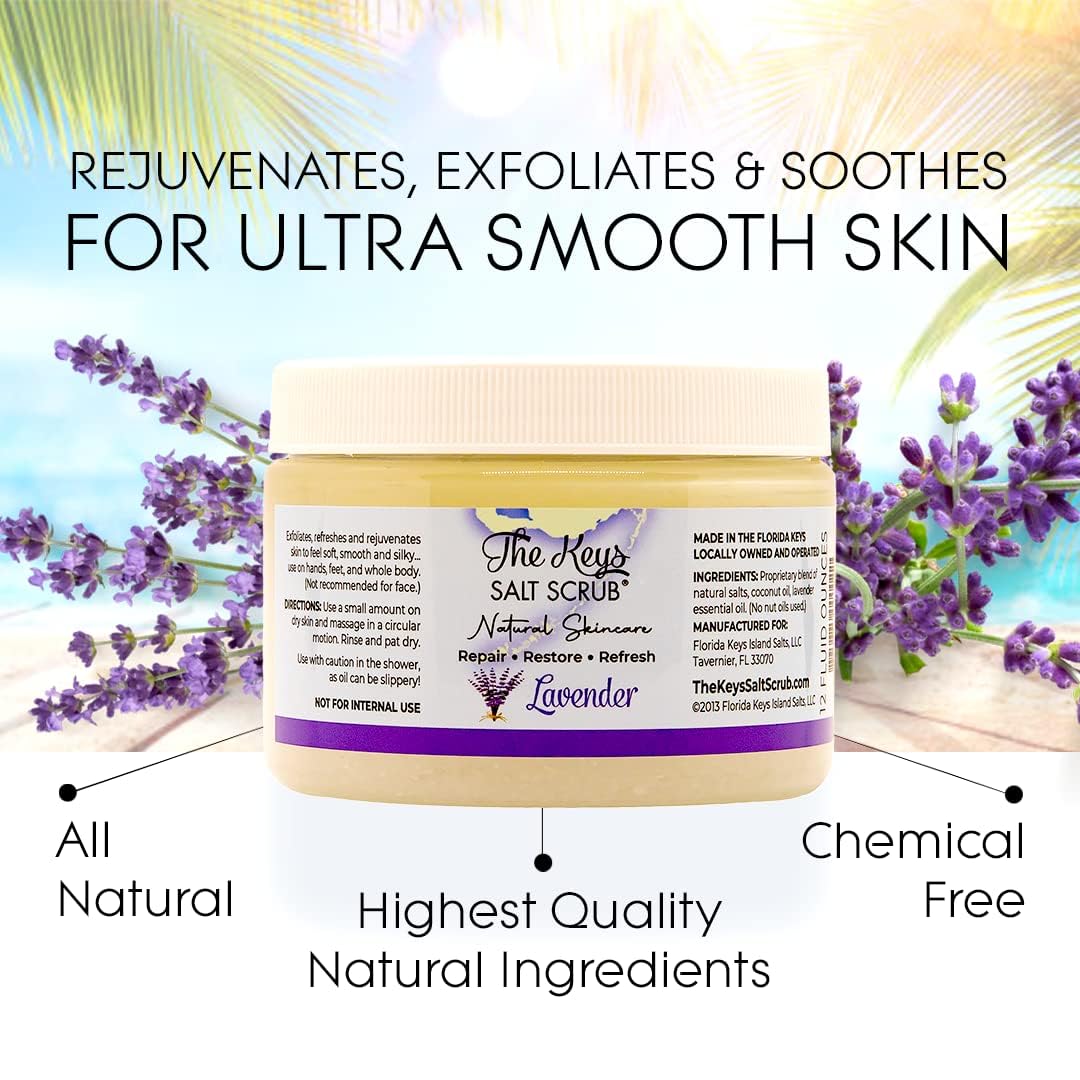 The Keys Salt Scrub -Sea Salt Scrub - Exfoliating Body Scrub with Wooden Spoon - Moisturizing Exfoliator for Hands, Foot, Bath, (12 Ounce (Pack of 1), Lavender)