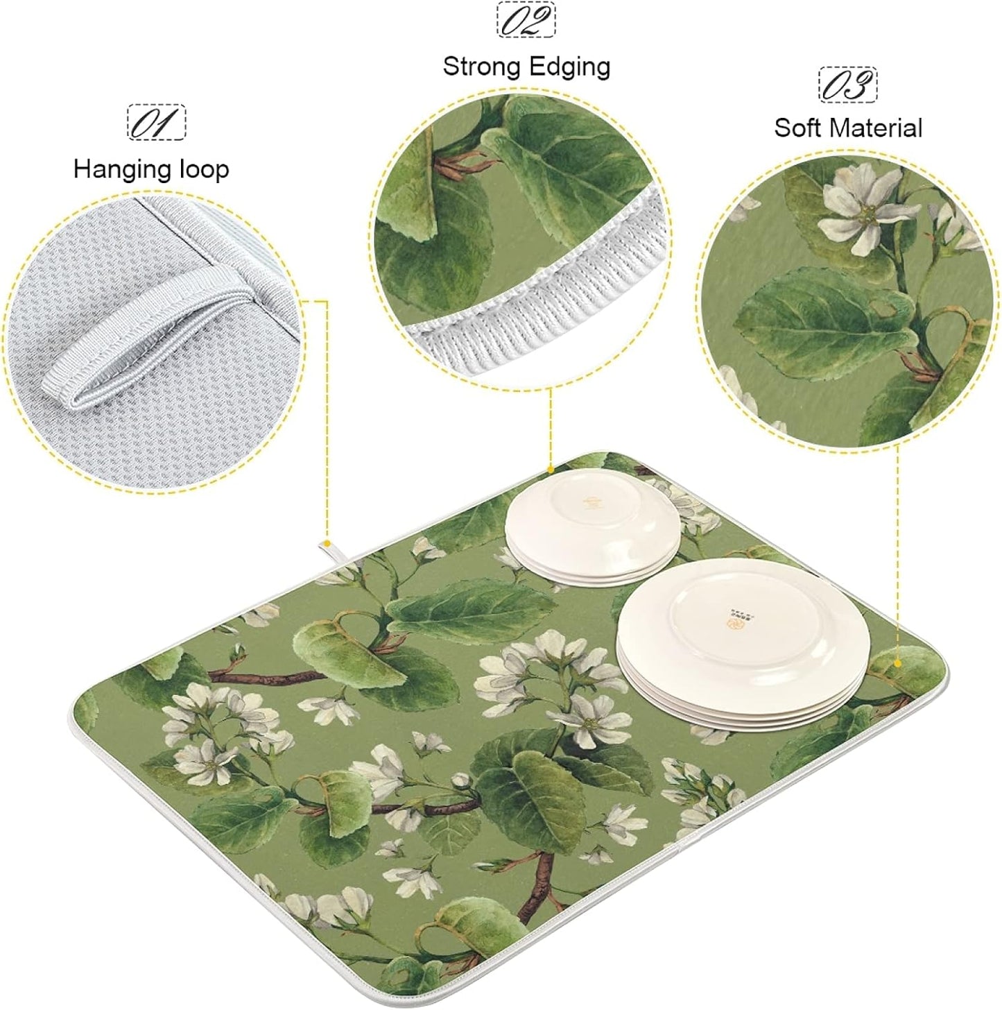 Vintage White Floral Green Leaves Microfiber Dish Drying Mat 18'' x 24'' for Kitchen Counter Drying Pad Dish Drainer Mats Absorbent Dish Draining Mat Extra Large