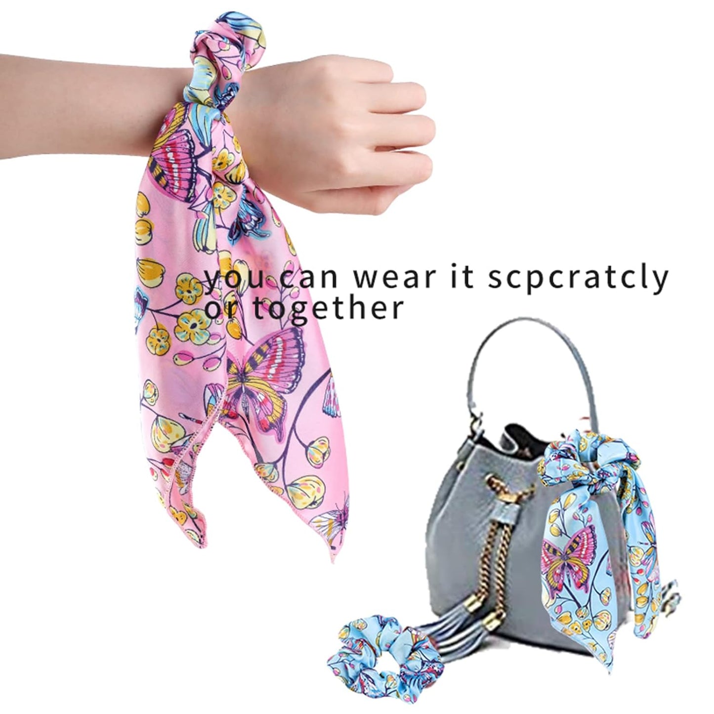 Butterfly Scrunchies - Vivid Silk Hair Accessories with Colorful Scarves, Ribbons, Elastics, Bandanas, Bows and Bands for Women and Girls (6PCS)