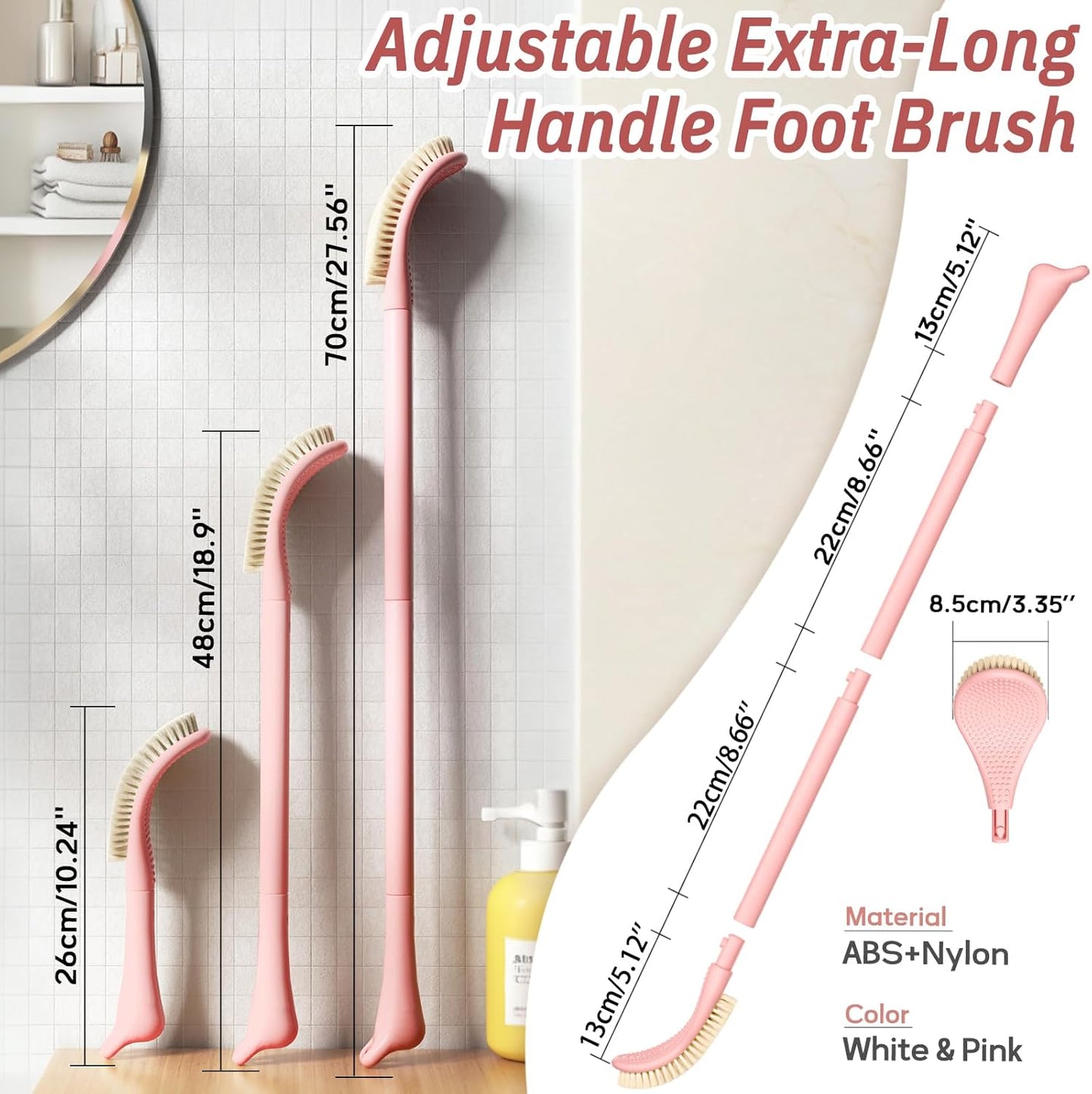 New Foot Brush & Foot Files Set(3PCS), 3-in-1 Foot Scrubber with Long Handle, 10.2’’-27.5’’Adjustable Foot Scrub Brush and 2 Upgrade Foot File Callus Remover, Gift-Box Packed(Pink+2*Foot File)