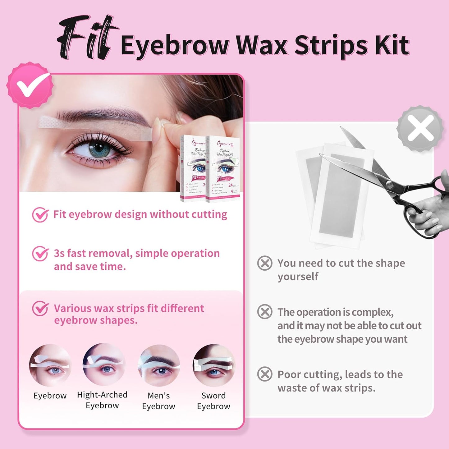 Beauty7 Wax Strips Kit for Sensitive Skin, Facial Hair Removal for Eyebrow, Lip, 24 Strips & 4 Calming Oil Wipes, At Home Waxing for Women