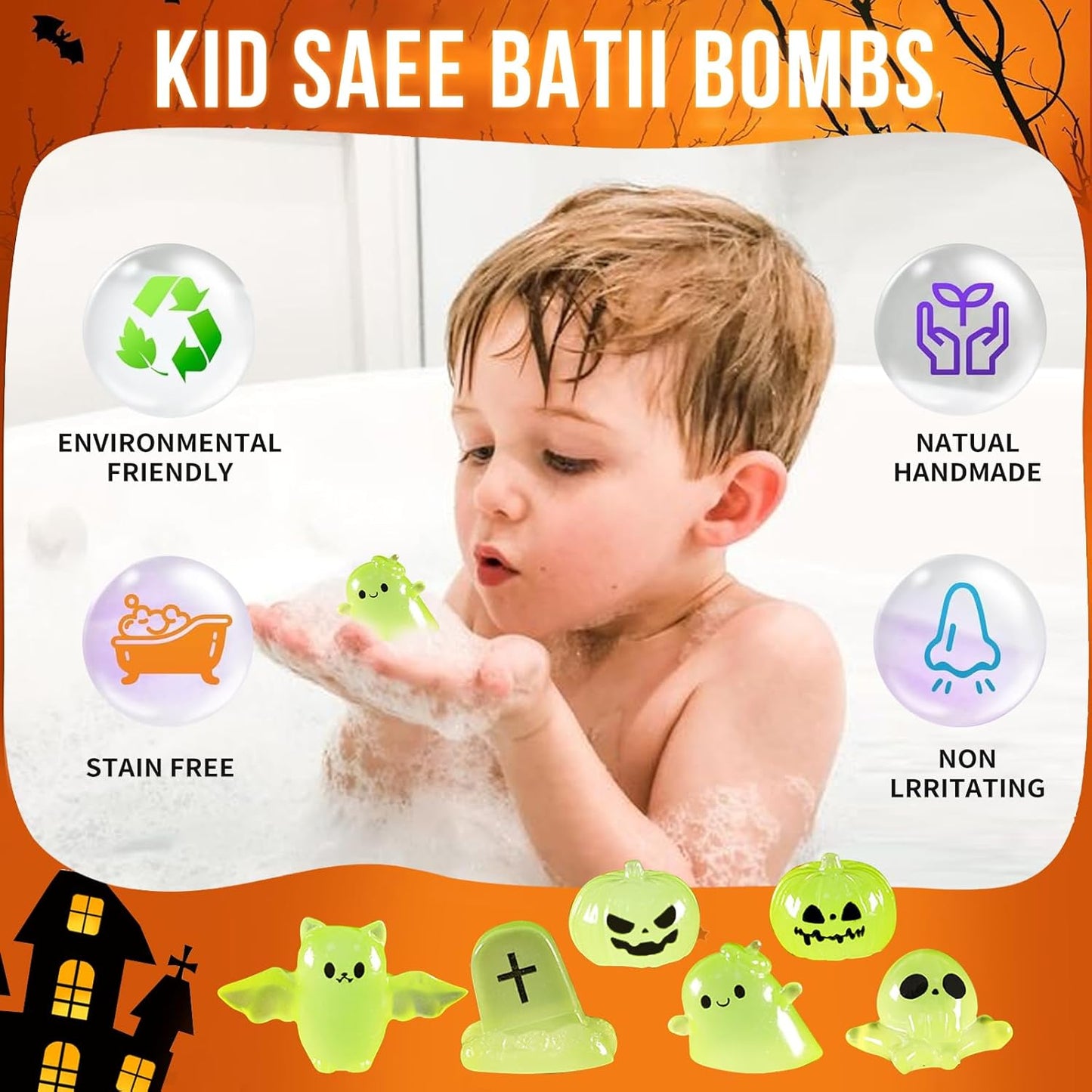 Halloween Bath Bombs for Kids Pumpkin Bath Bombs with Halloween Luminous Mini Resin Toys Inside Halloween Toys Halloween Treat Bags Gifts Kids Skin Care Bathbombs