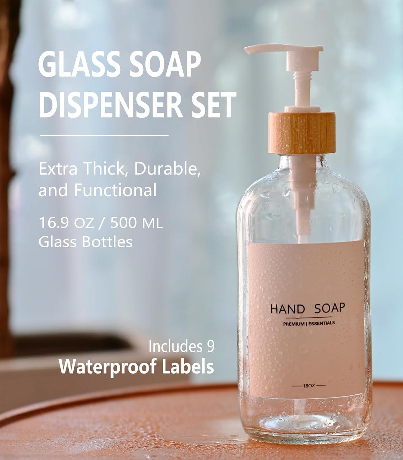 Luxury Glass Soap Dispenser Set - 2 Refillable 16.9oz Bottles, Bamboo Pump & Tray for Farmhouse & Modern Decor, 9 Waterproof Labels for Kitchen/Bathroom (Clear Bottle+White Bamboo Pumps+Tray)