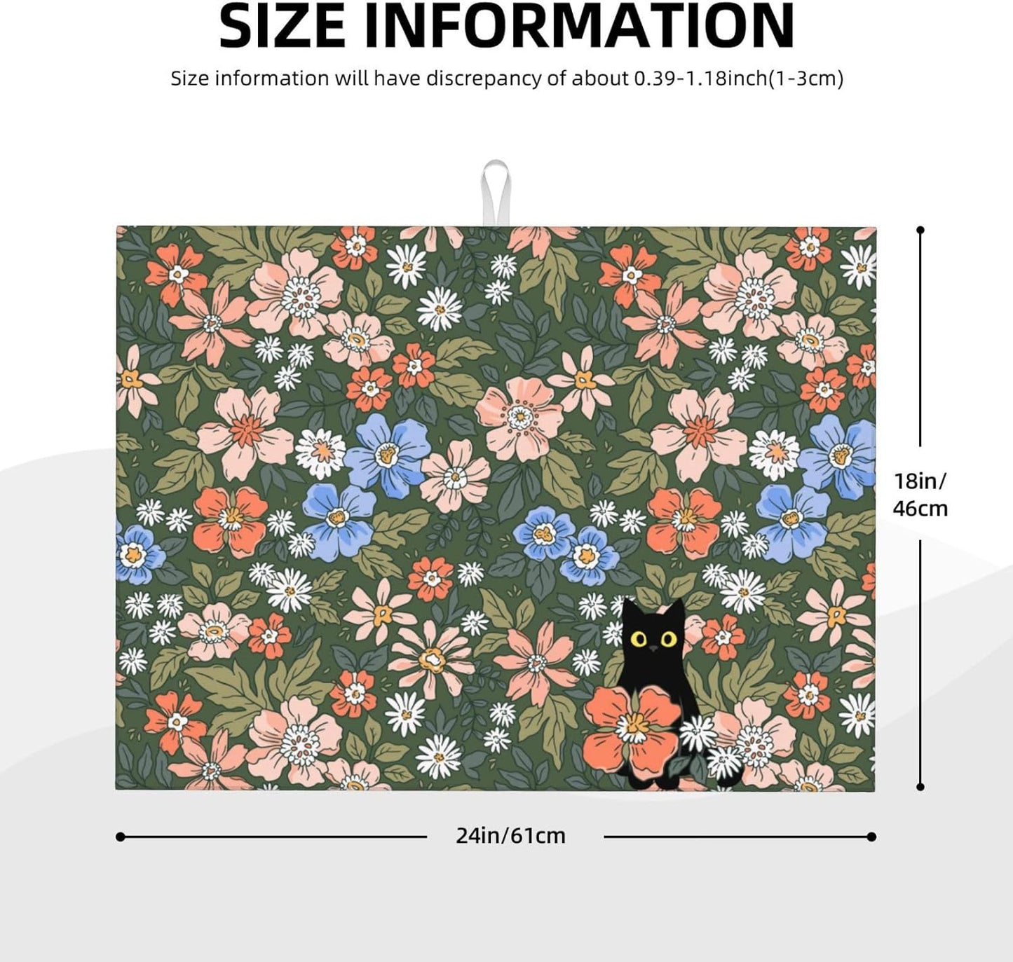 Black Cat Floral Dish Drying Mat For Kitchen Counter Absorbent Large Kitchen Fast Dry Pad Reusable Washable Protector Rack Large Mat 18 X 24