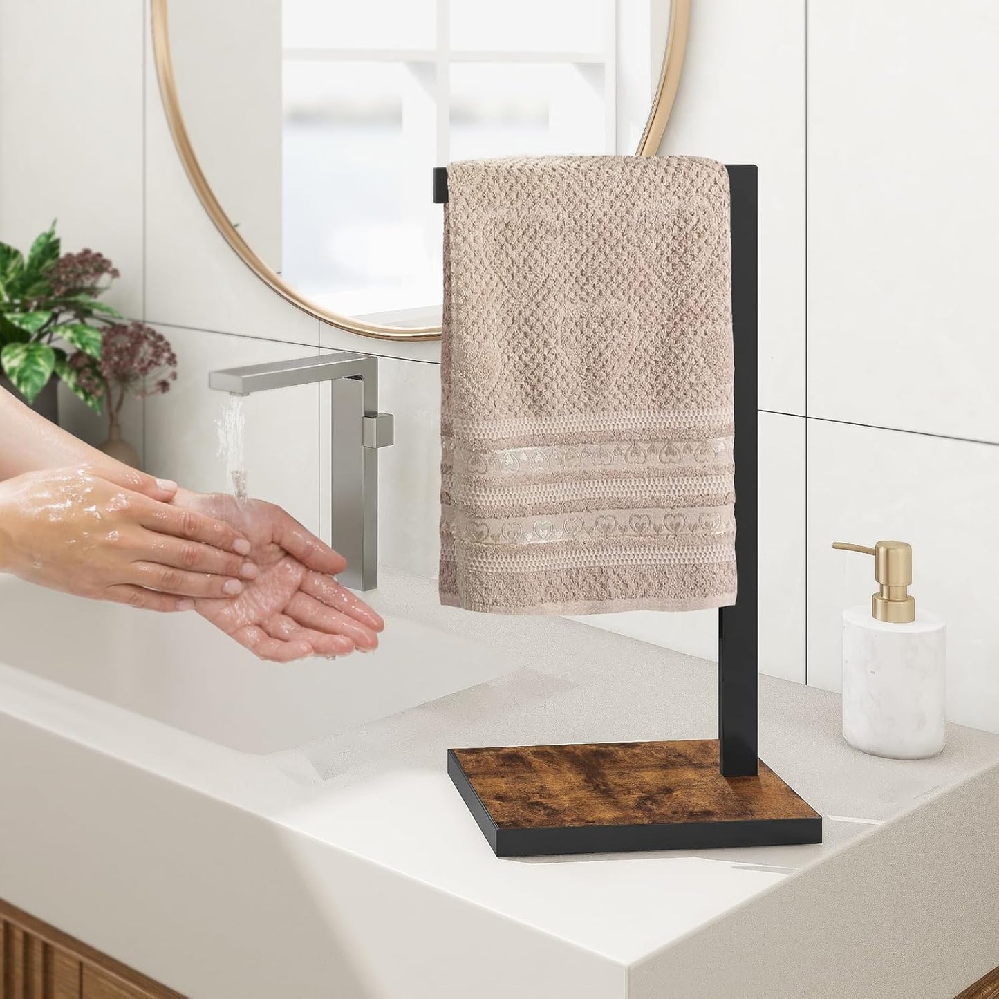 Hand Towel Holder for Bathroom, Hand Towel Stand with Wood Base, L-Shape Hand Towel Rack Height 16.3'' for Vanity Countertop, Kitchen Counter, (Rustic Brown-Square Base-L Shape)